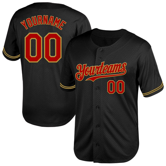 Custom Black Red-Old Gold Mesh Authentic Throwback Baseball Jersey - Main View