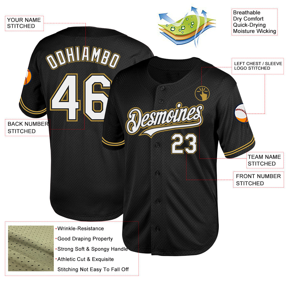 Custom Black White-Old Gold Mesh Authentic Throwback Baseball Jersey view 3