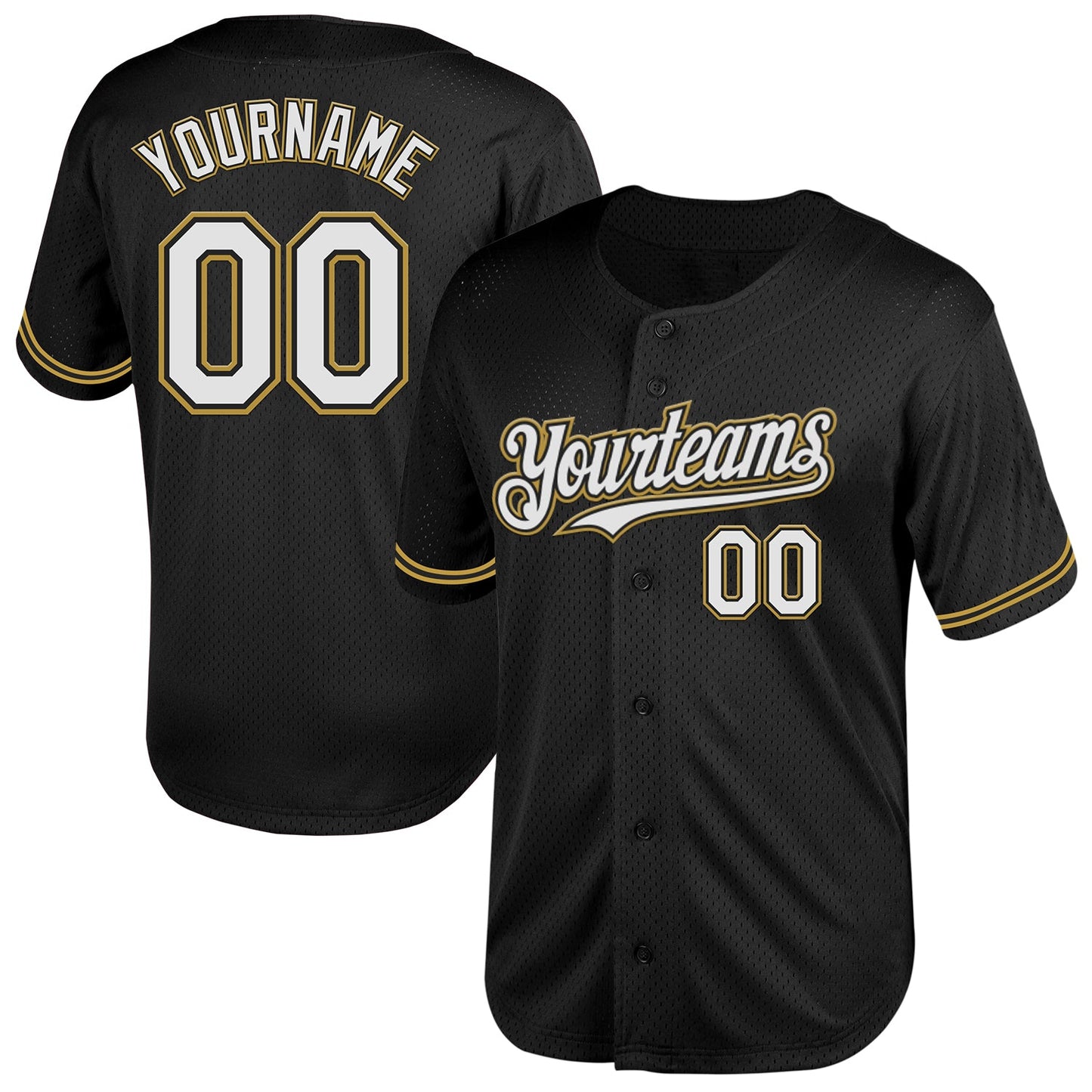 Custom Black White-Old Gold Mesh Authentic Throwback Baseball Jersey - Main View