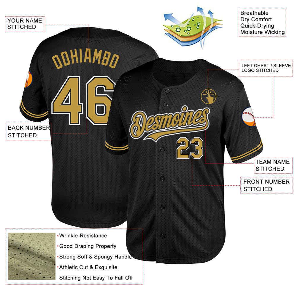 Custom Black Old Gold-White Mesh Authentic Throwback Baseball Jersey view 3