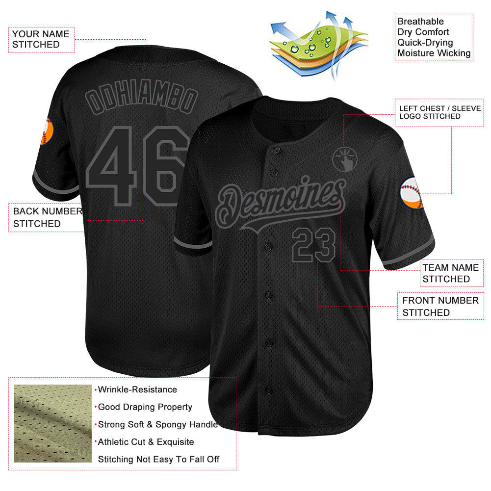 Custom Black Steel Gray Mesh Authentic Throwback Baseball Jersey view 3