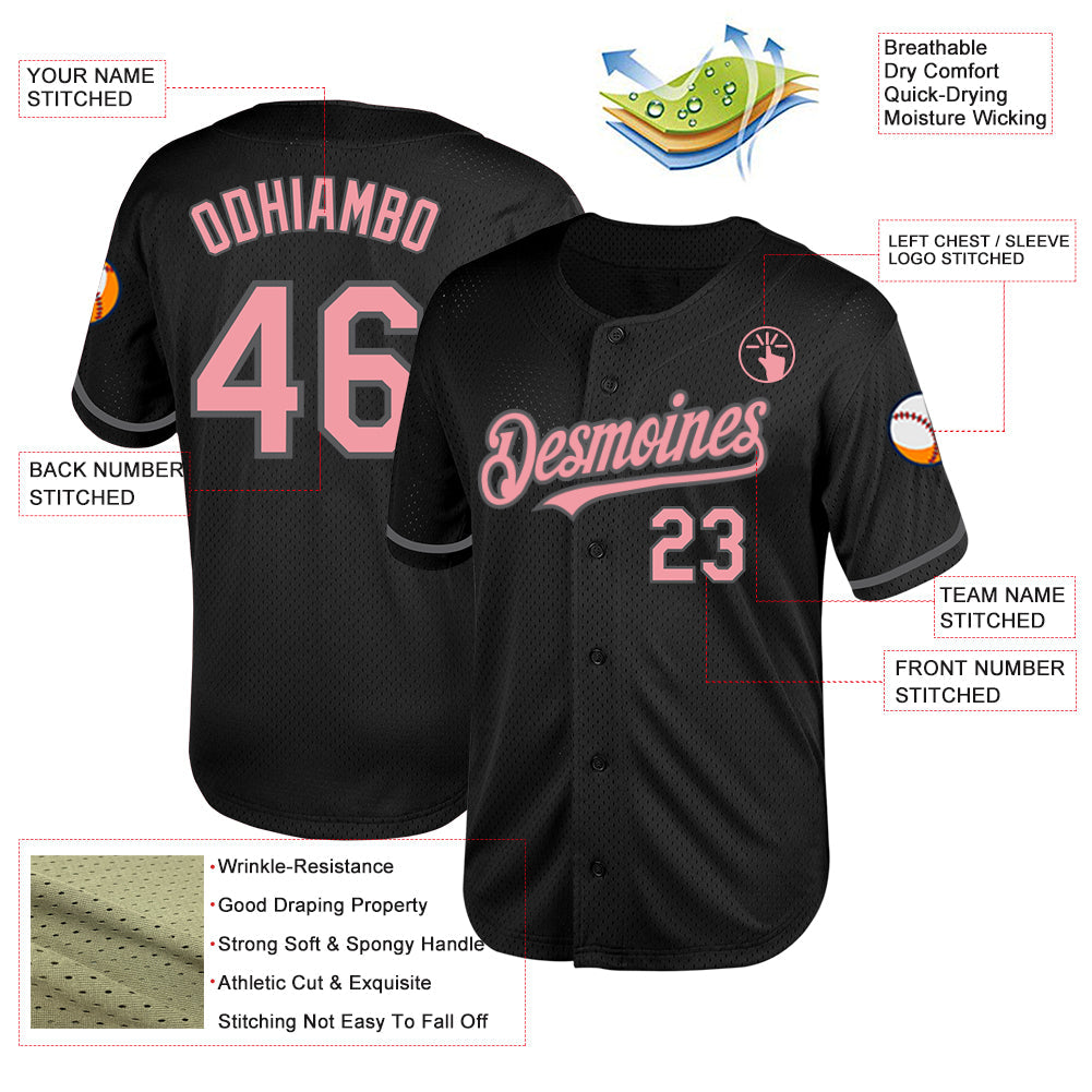 Custom Black Medium Pink-Steel Gray Mesh Authentic Throwback Baseball Jersey view 3