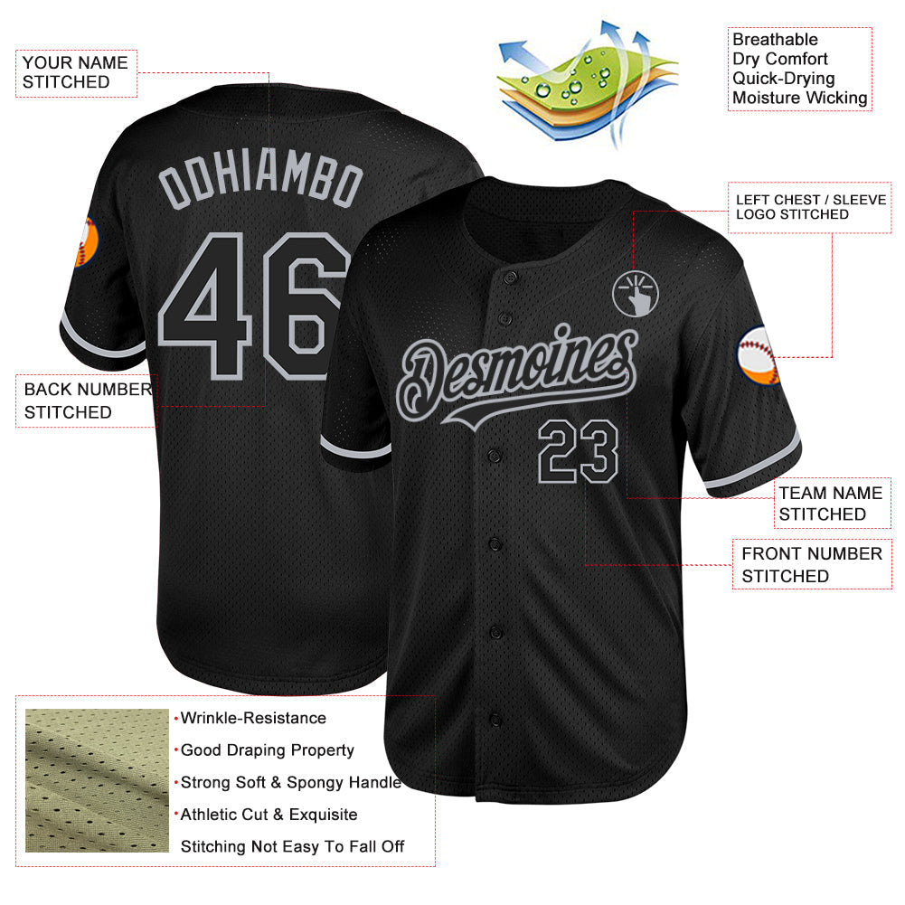 Custom Black Gray Mesh Authentic Throwback Baseball Jersey view 3