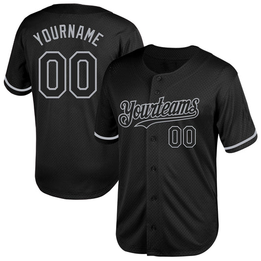 Custom Black Gray Mesh Authentic Throwback Baseball Jersey - Main View