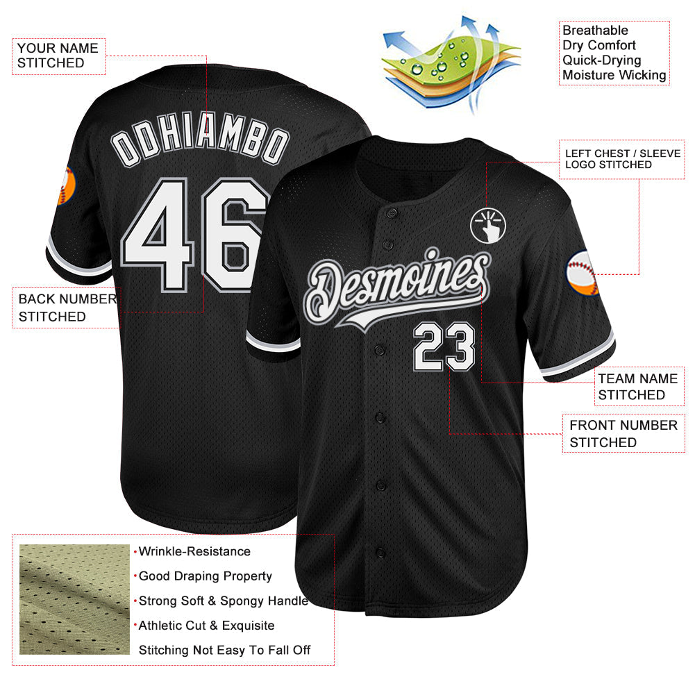 Custom Black White-Gray Mesh Authentic Throwback Baseball Jersey view 3