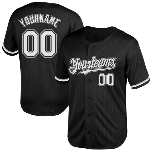Custom Black White-Gray Mesh Authentic Throwback Baseball Jersey - Main View