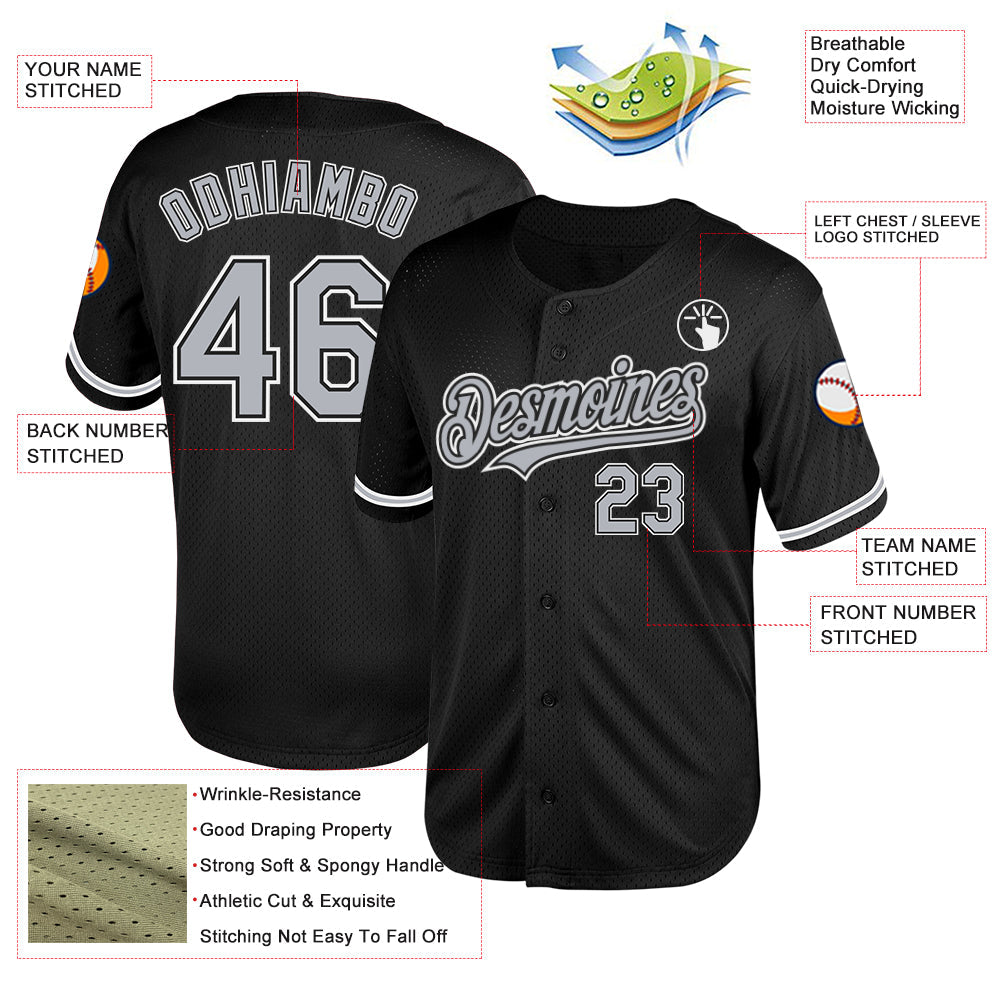 Custom Black Gray-White Mesh Authentic Throwback Baseball Jersey view 3