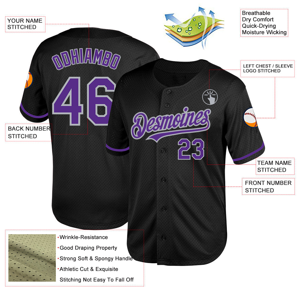 Custom Black Purple-Gray Mesh Authentic Throwback Baseball Jersey view 3