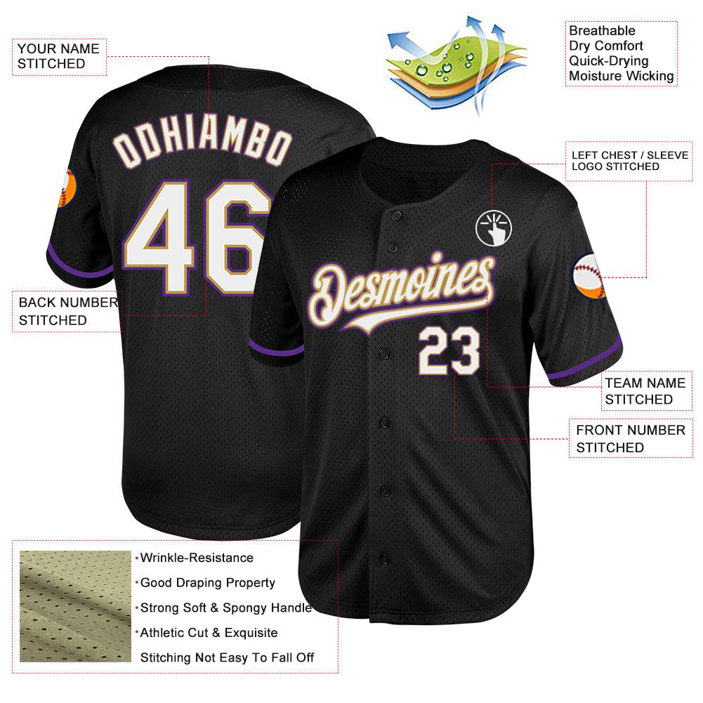 Custom Black White Old Gold-Purple Mesh Authentic Throwback Baseball Jersey view 3