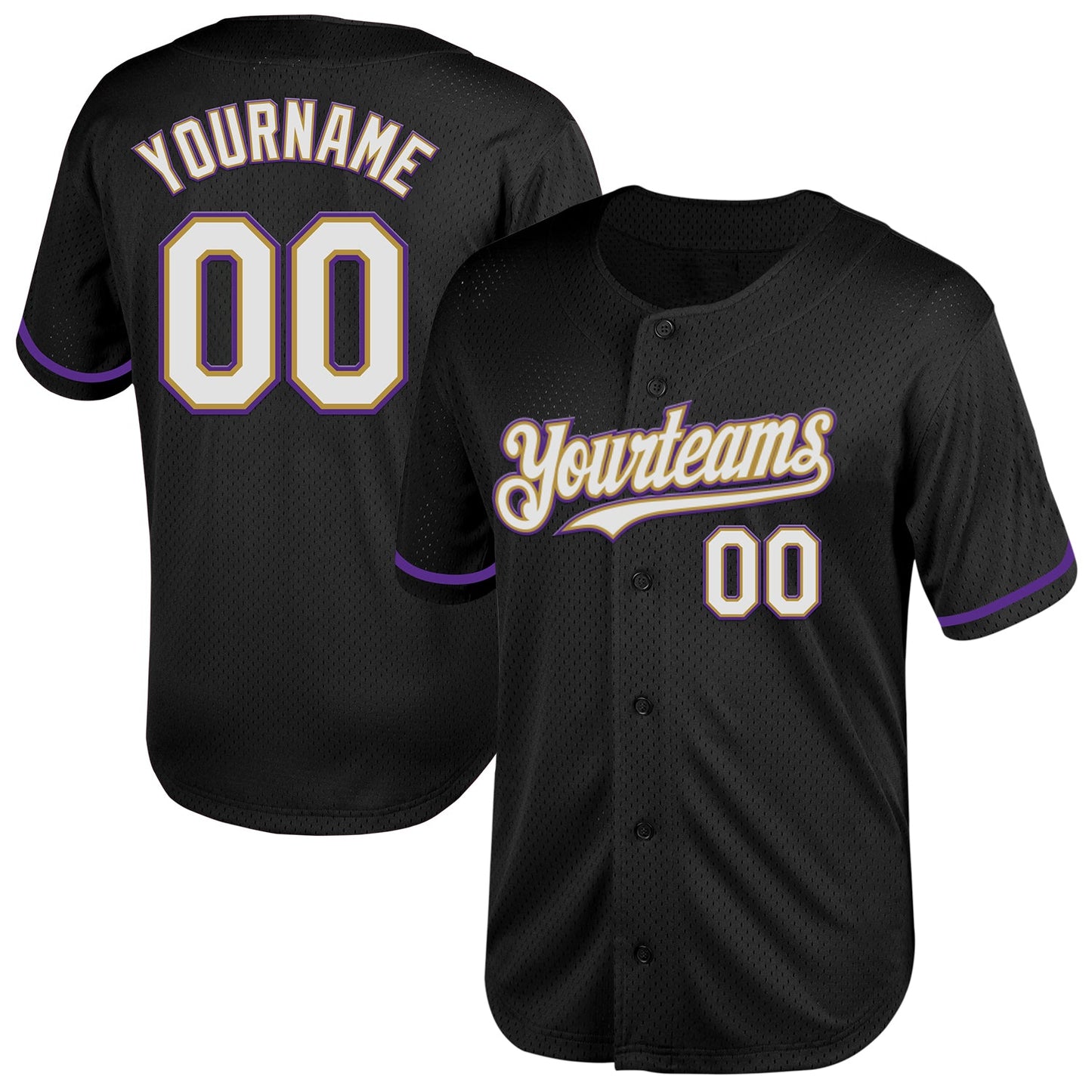 Custom Black White Old Gold-Purple Mesh Authentic Throwback Baseball Jersey - Main View