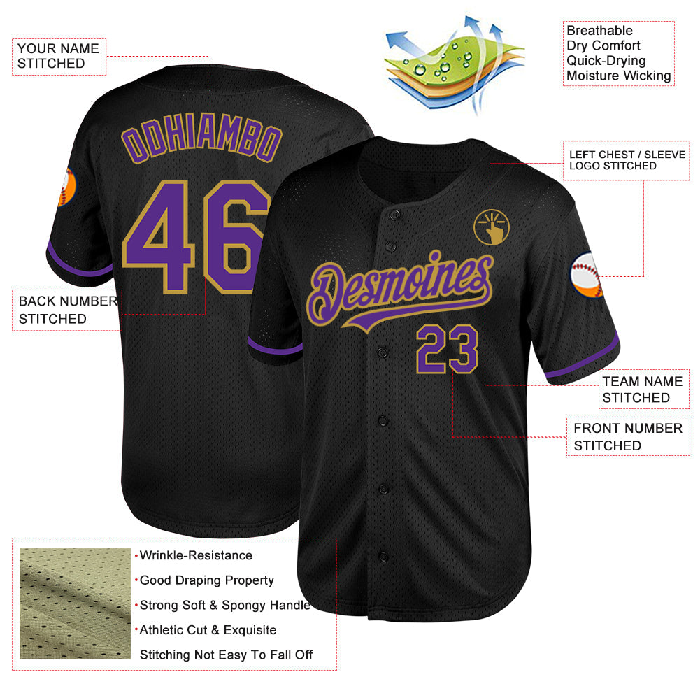 Custom Black Purple-Old Gold Mesh Authentic Throwback Baseball Jersey view 3