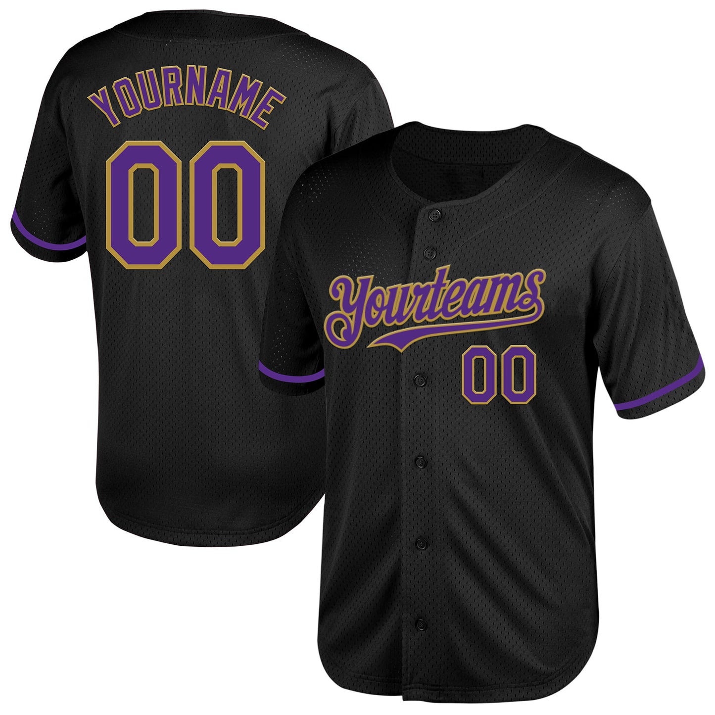 Custom Black Purple-Old Gold Mesh Authentic Throwback Baseball Jersey - Main View