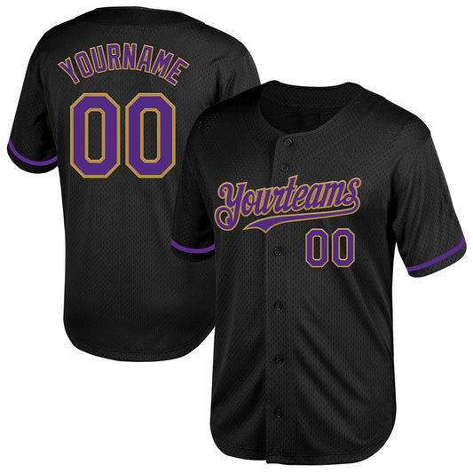 Custom Black Purple-Old Gold Mesh Authentic Throwback Baseball Jersey - Main View