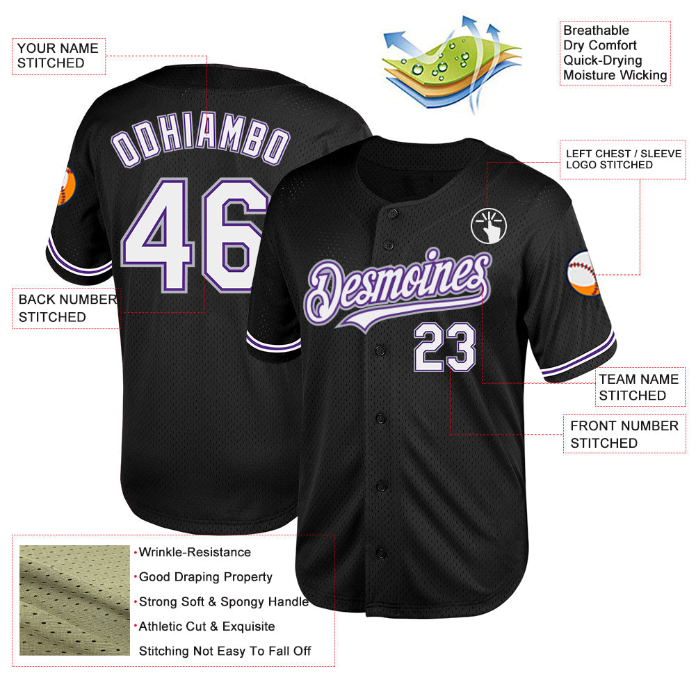 Custom Black Purple-Gray Mesh Authentic Throwback Baseball Jersey view 3