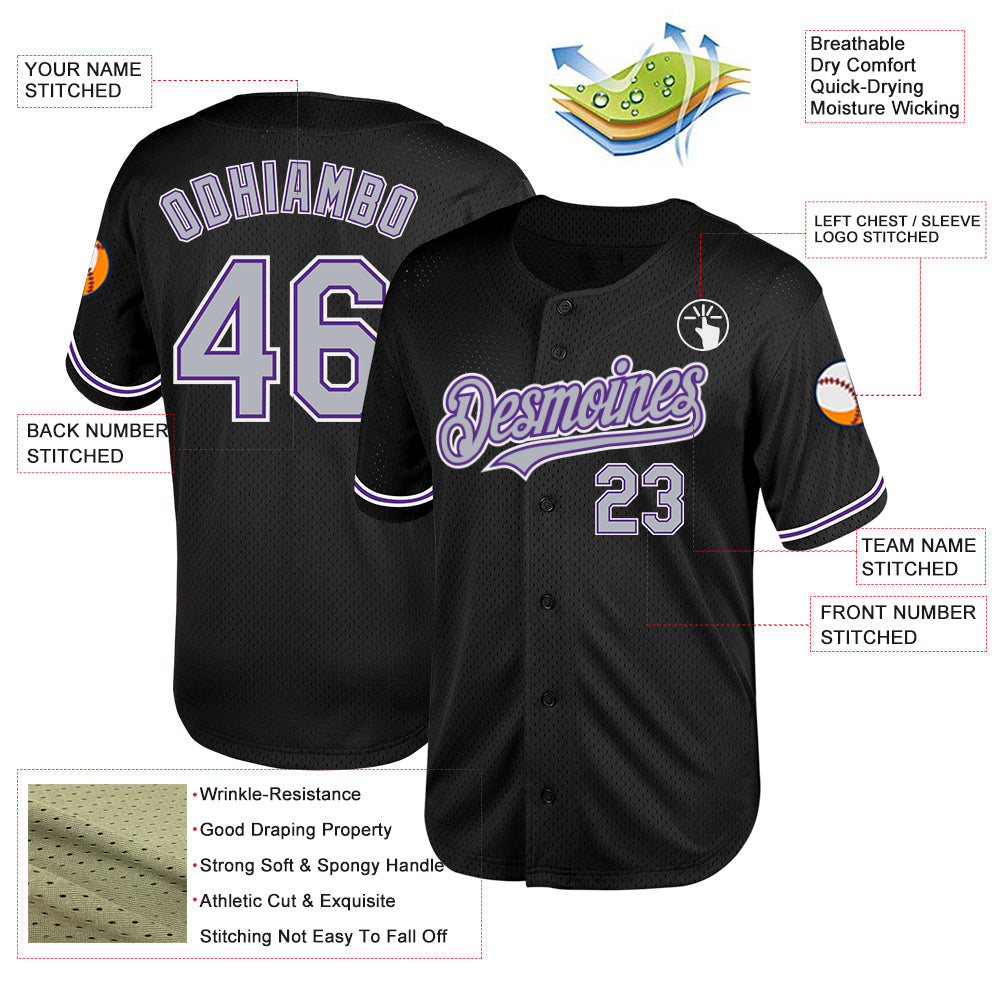 Custom Black Gray-Purple Mesh Authentic Throwback Baseball Jersey view 3