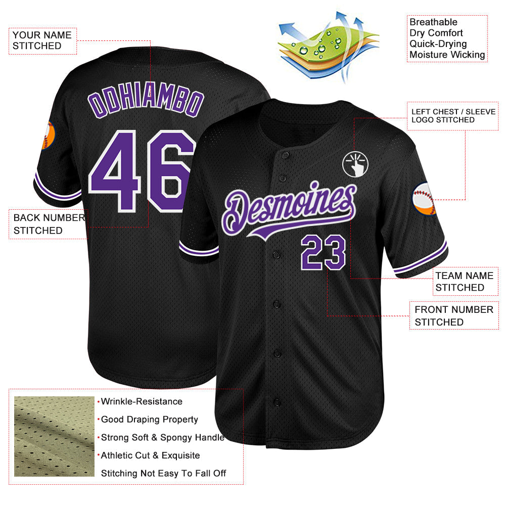 Custom Black Purple-White Mesh Authentic Throwback Baseball Jersey view 3