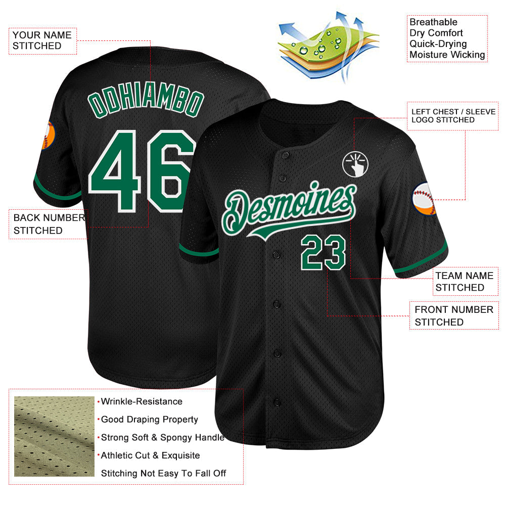 Custom Black Kelly Green-White Mesh Authentic Throwback Baseball Jersey view 3