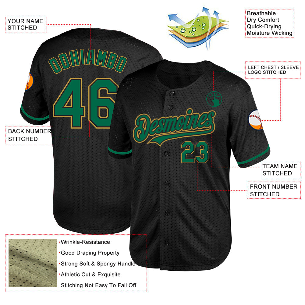 Custom Black Kelly Green-Old Gold Mesh Authentic Throwback Baseball Jersey view 3