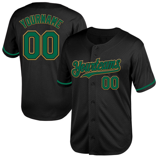 Custom Black Kelly Green-Old Gold Mesh Authentic Throwback Baseball Jersey - Main View