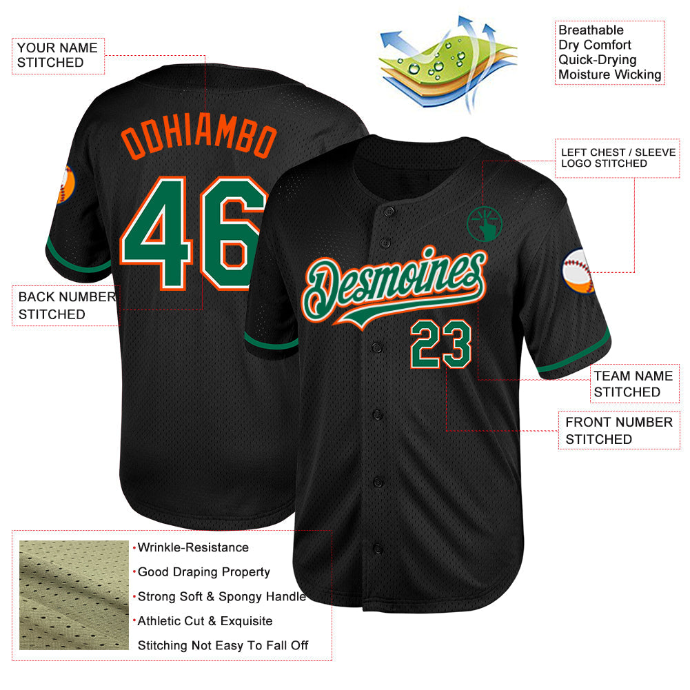 Custom Black Kelly Green-Orange Mesh Authentic Throwback Baseball Jersey view 3