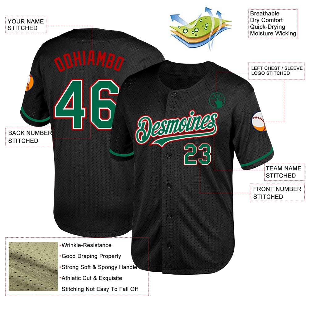 Custom Black Kelly Green-Red Mesh Authentic Throwback Baseball Jersey view 3