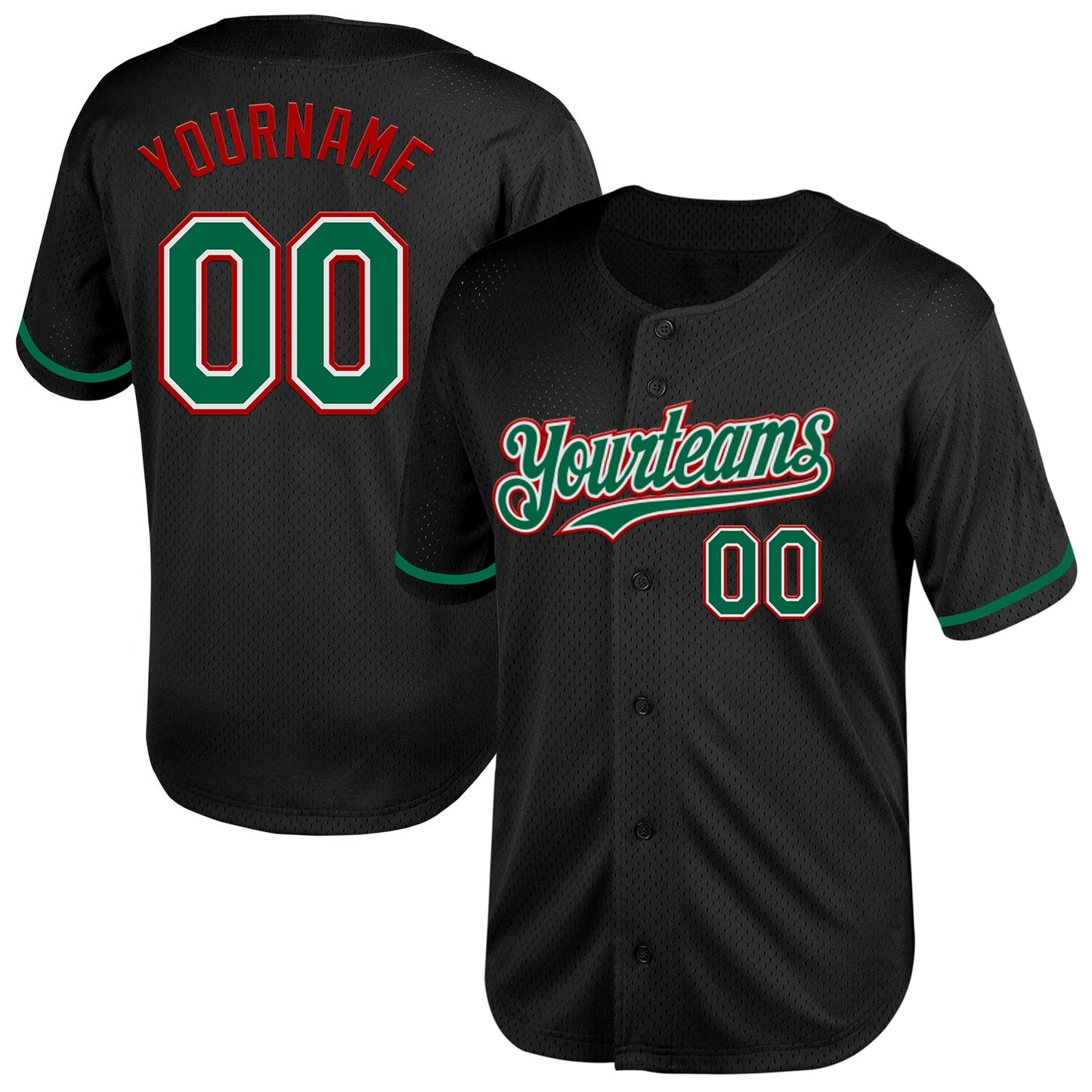 Custom Black Kelly Green-Red Mesh Authentic Throwback Baseball Jersey - Main View