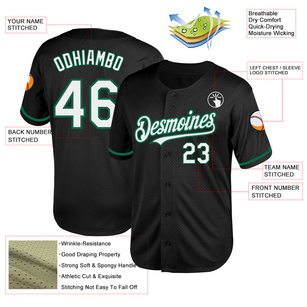 Custom Black White-Kelly Green Mesh Authentic Throwback Baseball Jersey view 3