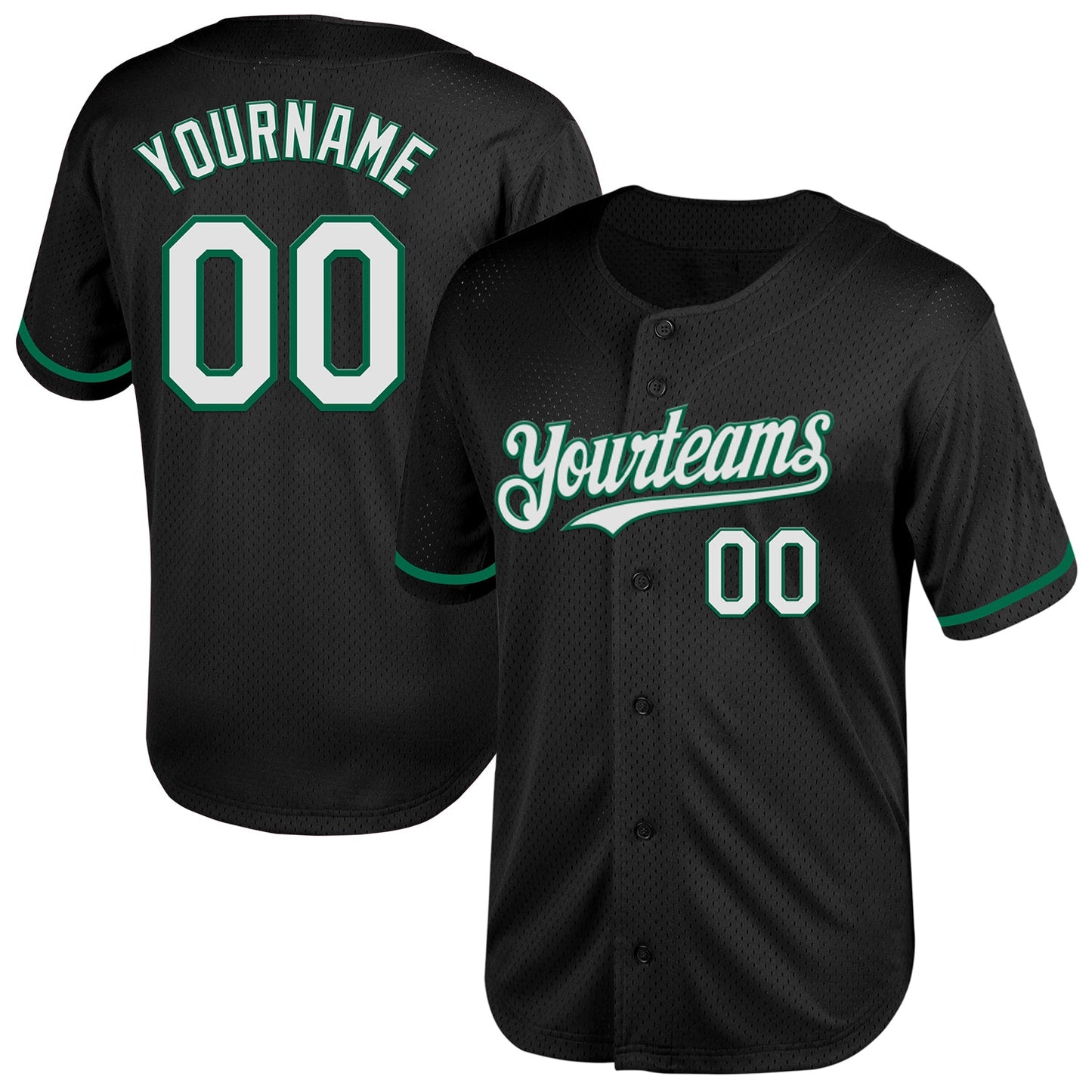 Custom Black White-Kelly Green Mesh Authentic Throwback Baseball Jersey - Main View