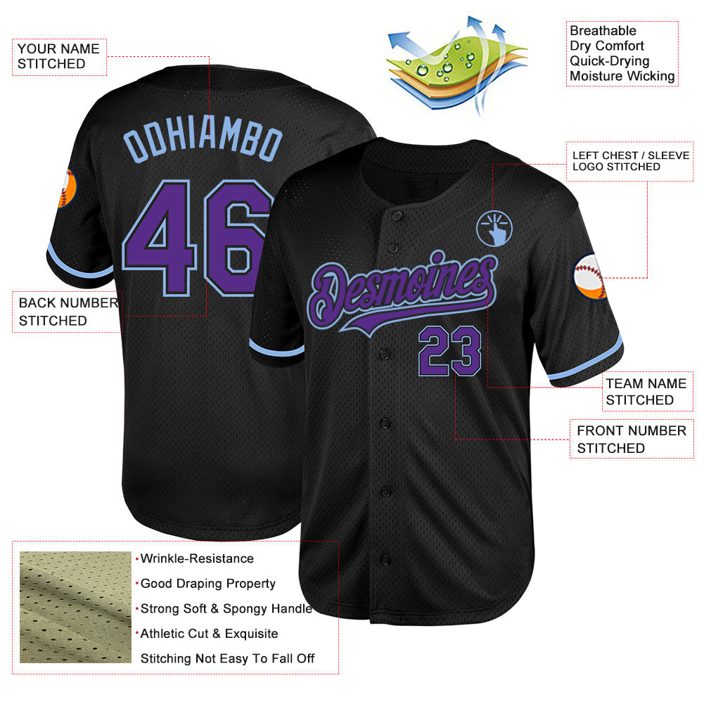 Custom Black Purple-Light Blue Mesh Authentic Throwback Baseball Jersey view 3