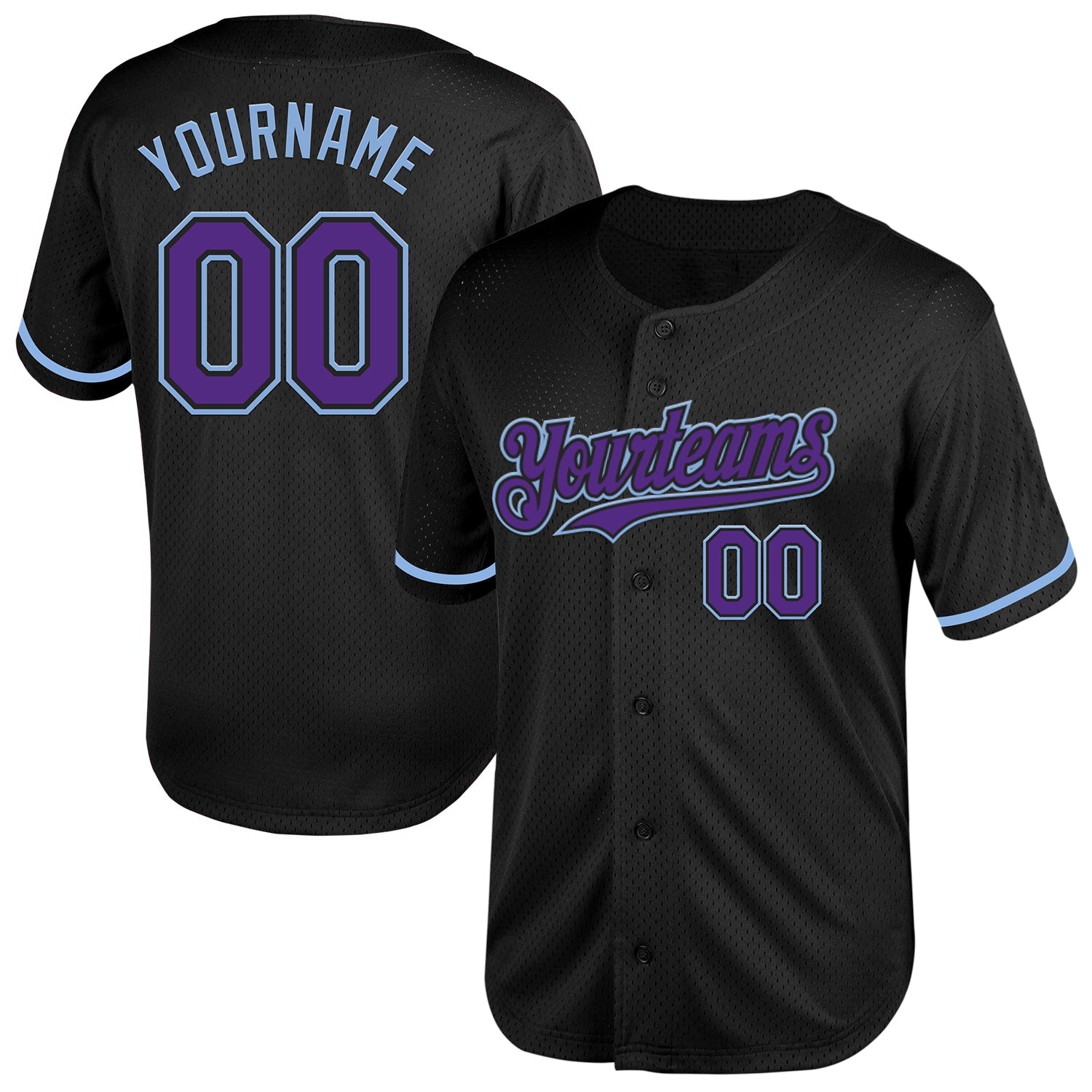 Custom Black Purple-Light Blue Mesh Authentic Throwback Baseball Jersey - Main View