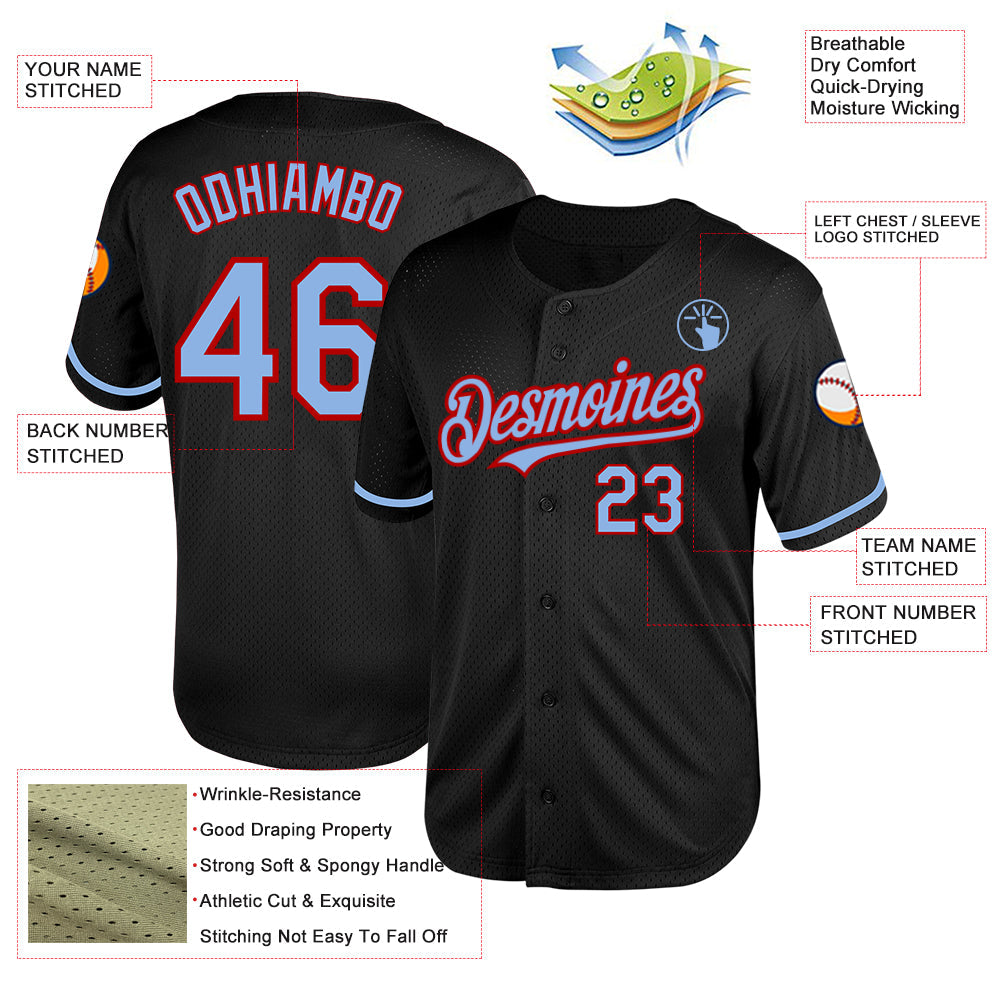 Custom Black Light Blue-Red Mesh Authentic Throwback Baseball Jersey view 3