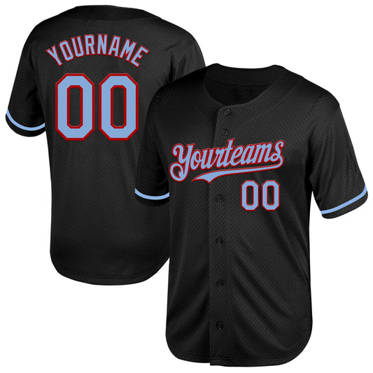 Custom Black Light Blue-Red Mesh Authentic Throwback Baseball Jersey - Main View