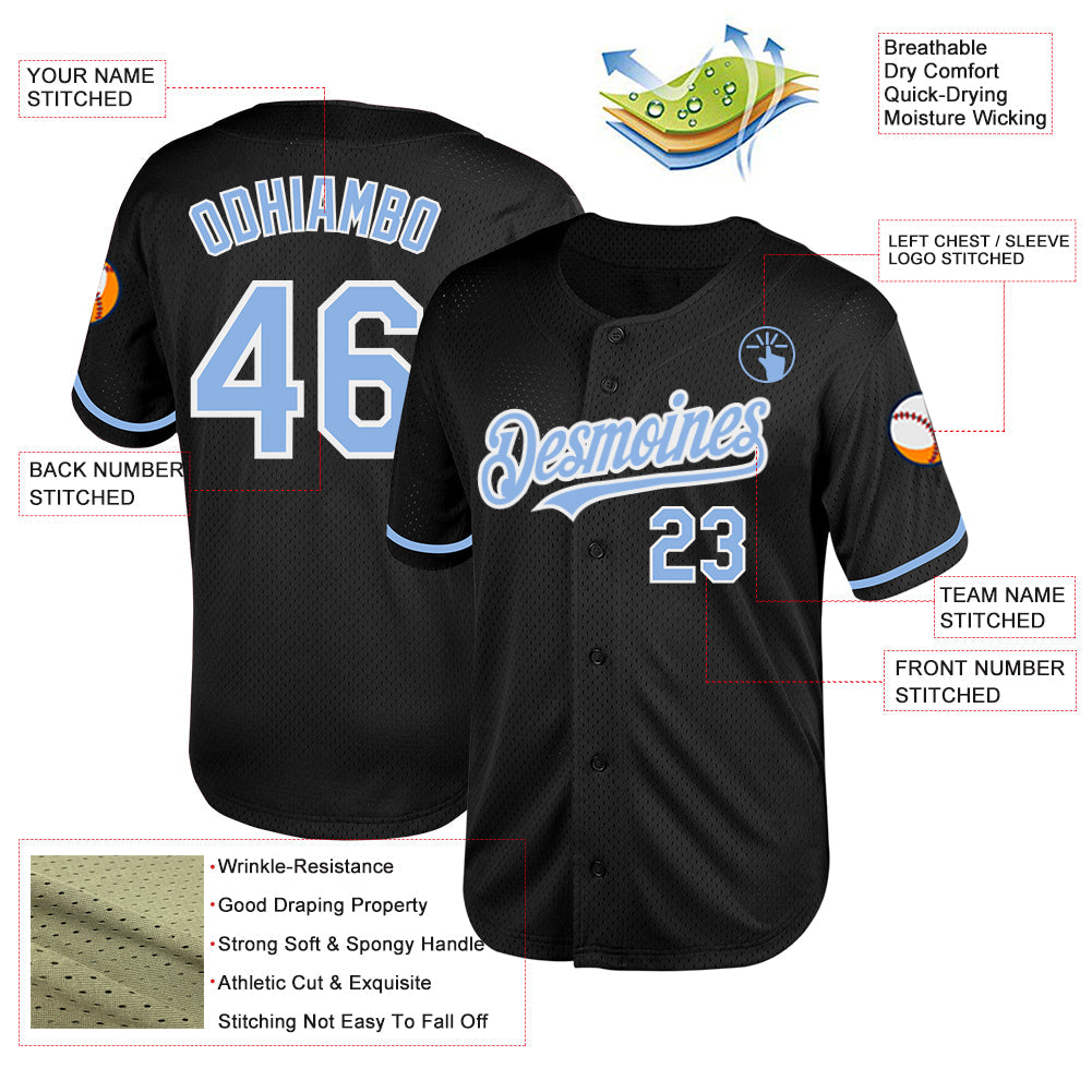 Custom Black Light Blue-White Mesh Authentic Throwback Baseball Jersey view 3