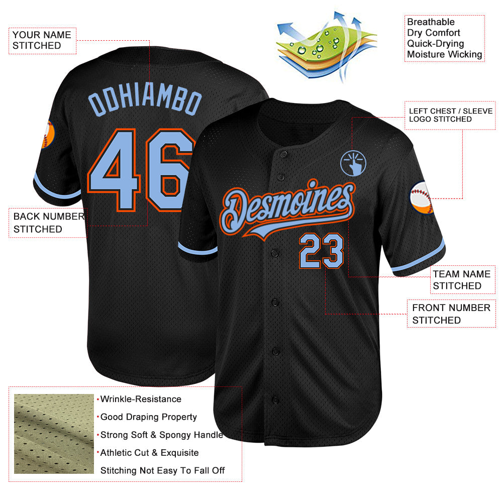 Custom Black Light Blue-Orange Mesh Authentic Throwback Baseball Jersey view 3