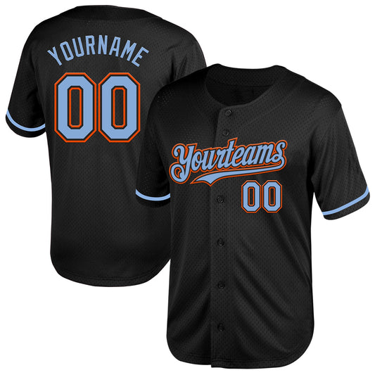 Custom Black Light Blue-Orange Mesh Authentic Throwback Baseball Jersey - Main View