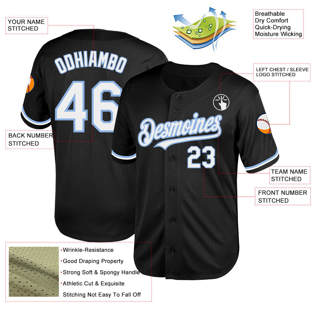 Custom Black White-Light Blue Mesh Authentic Throwback Baseball Jersey view 3