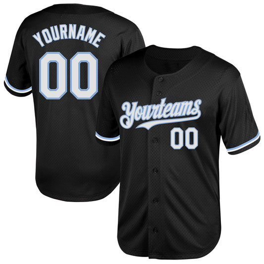 Custom Black White-Light Blue Mesh Authentic Throwback Baseball Jersey - Main View