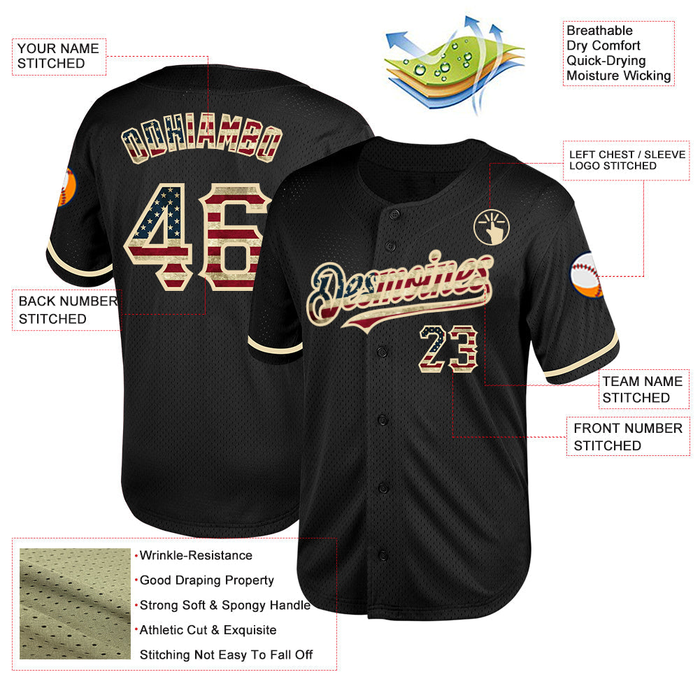 Custom Black Vintage USA Flag-Cream Mesh Authentic Throwback Baseball Jersey view 3