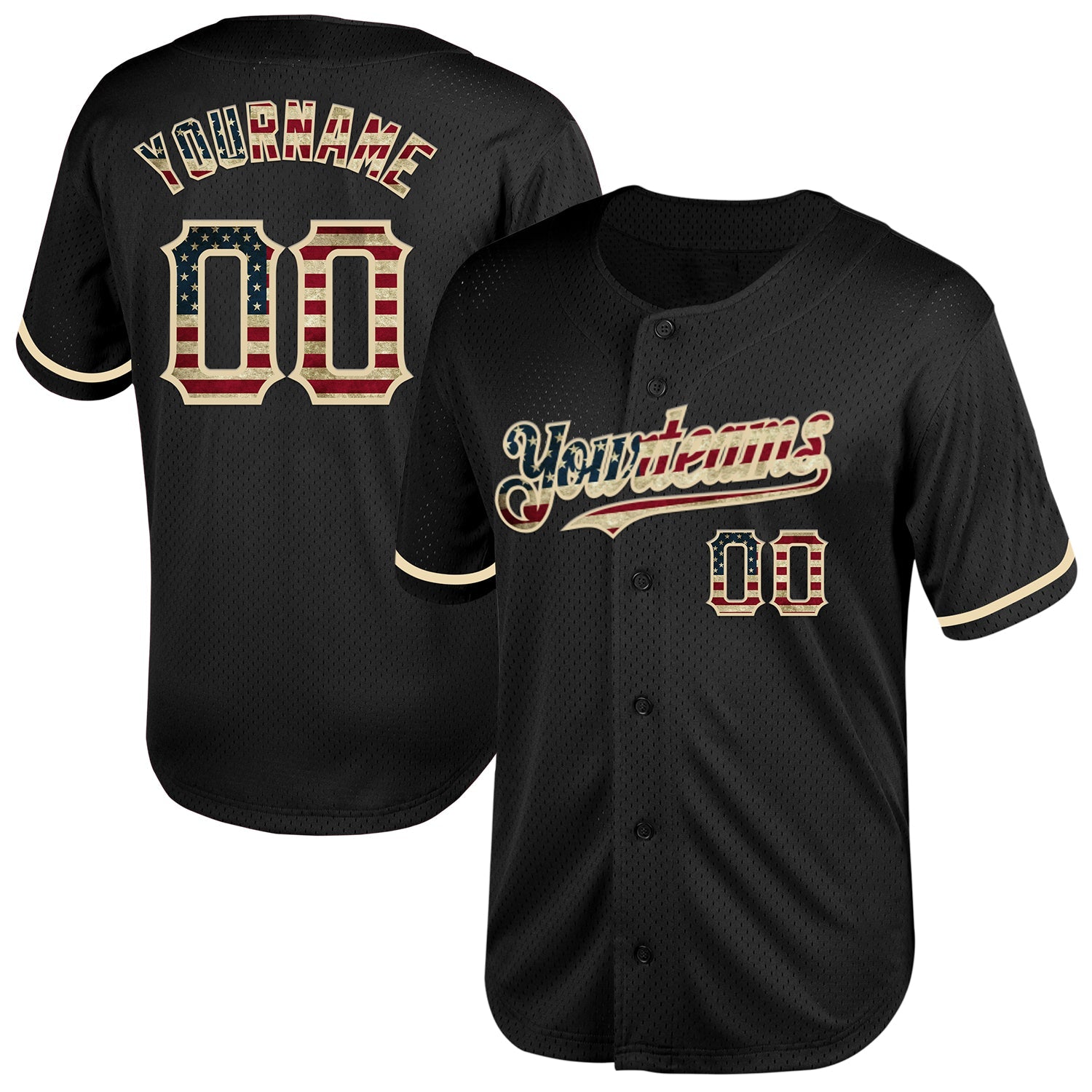 Custom Black Vintage USA Flag-Cream Mesh Authentic Throwback Baseball Jersey - Main View