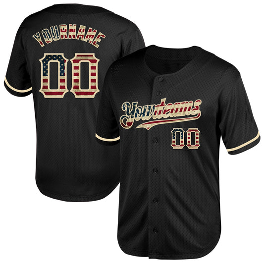 Custom Black Vintage USA Flag-Cream Mesh Authentic Throwback Baseball Jersey - Main View