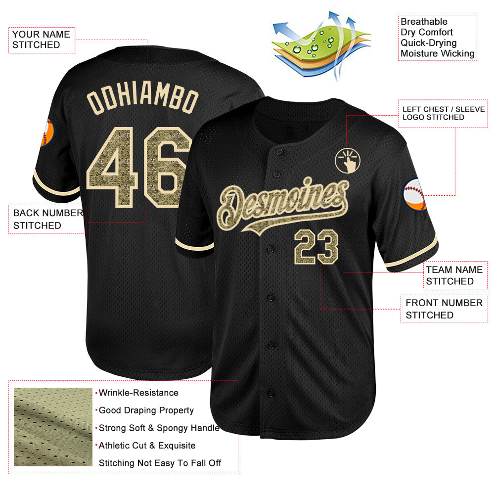 Custom Black Camo-Cream Mesh Authentic Throwback Baseball Jersey view 3