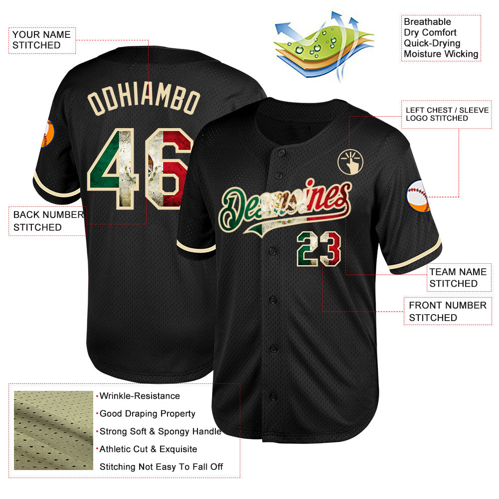 Custom Black Vintage Mexican Flag-Cream Mesh Authentic Throwback Baseball Jersey view 3