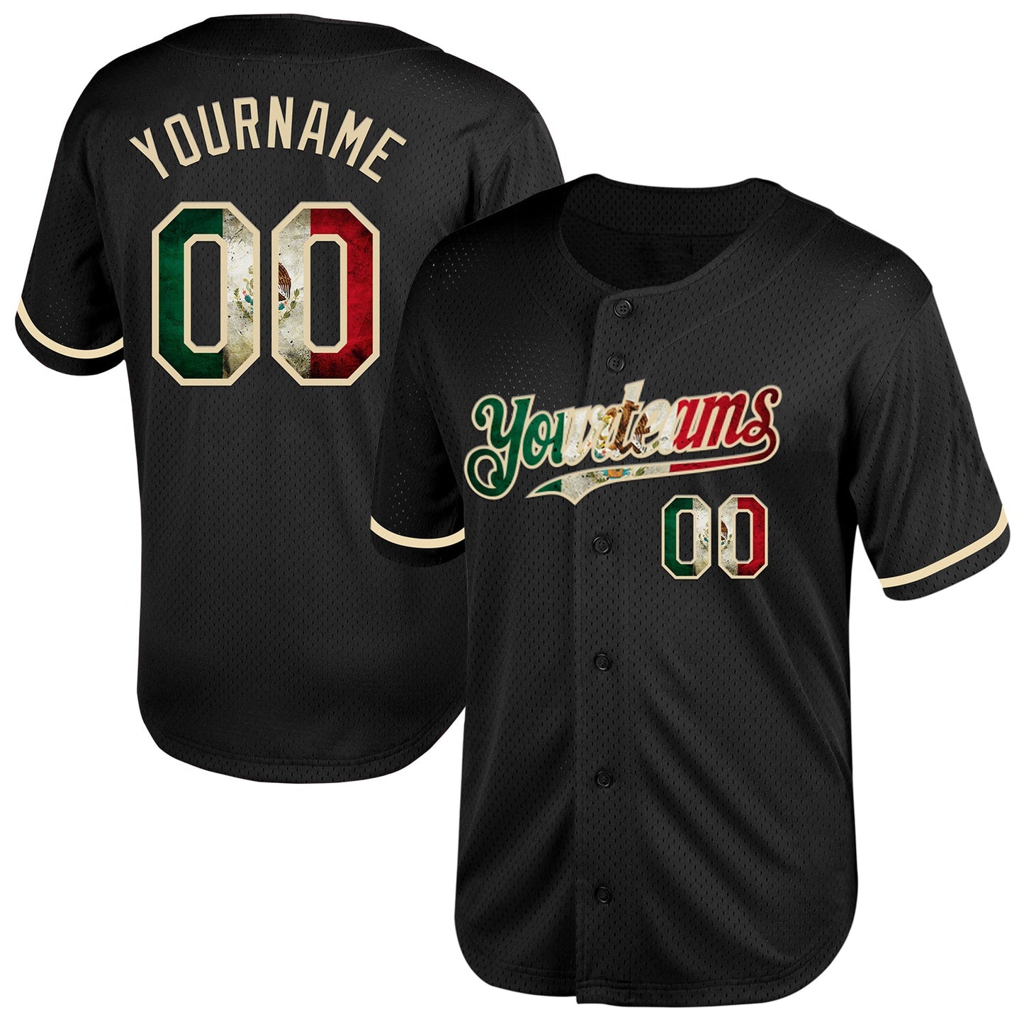 Custom Black Vintage Mexican Flag-Cream Mesh Authentic Throwback Baseball Jersey - Main View