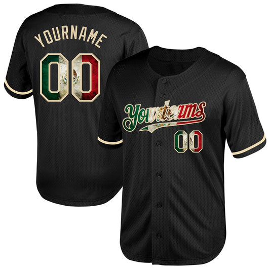 Custom Black Vintage Mexican Flag-Cream Mesh Authentic Throwback Baseball Jersey - Main View