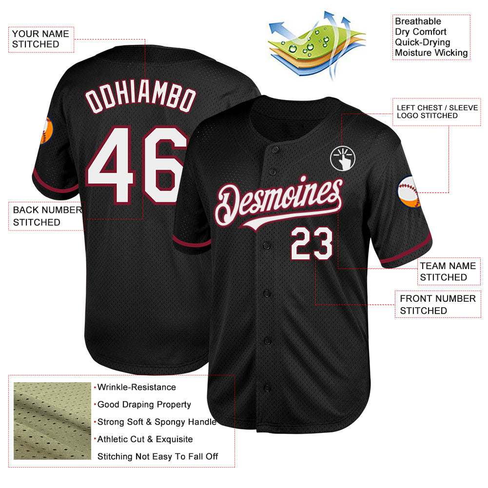 Custom Black White-Crimson Mesh Authentic Throwback Baseball Jersey view 3