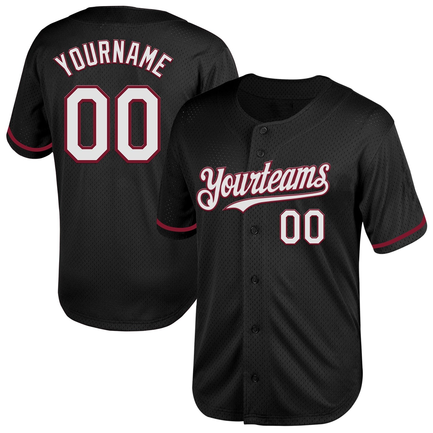 Custom Black White-Crimson Mesh Authentic Throwback Baseball Jersey - Main View