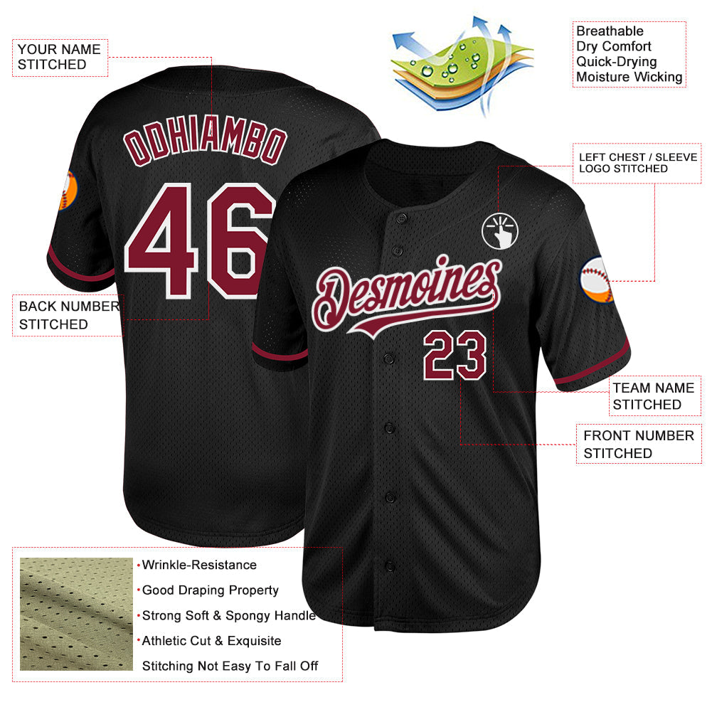 Custom Black Crimson-White Mesh Authentic Throwback Baseball Jersey view 3