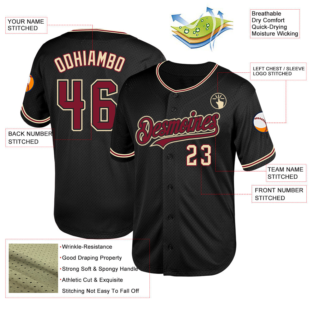 Custom Black Crimson-City Cream Mesh Authentic Throwback Baseball Jersey view 3