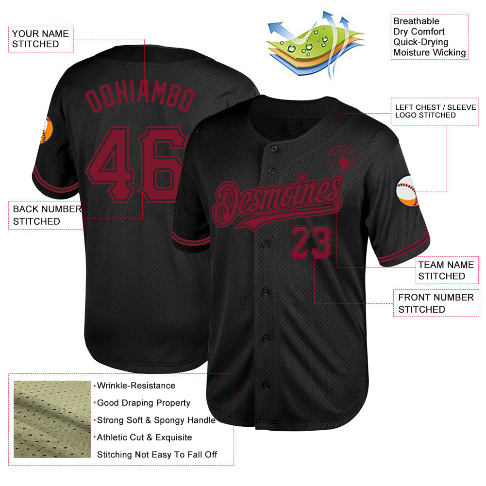 Custom Black Crimson Mesh Authentic Throwback Baseball Jersey view 3