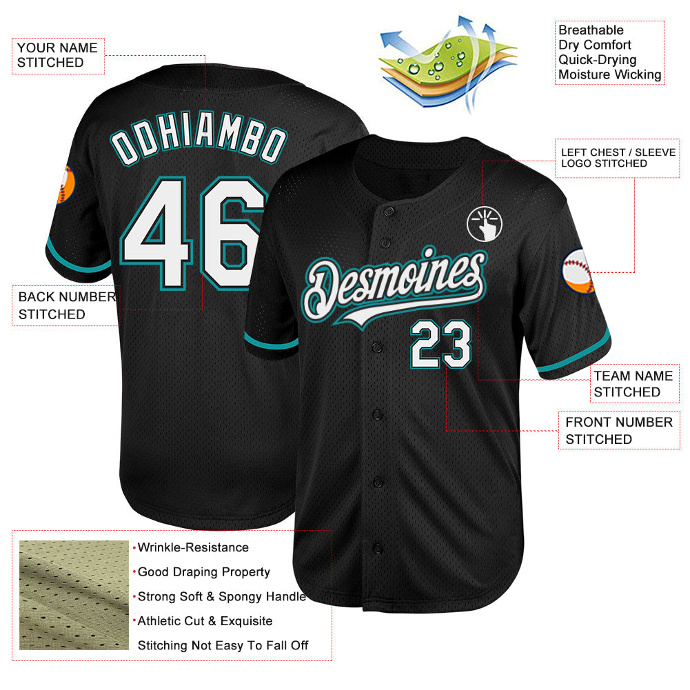 Custom Black White-Teal Mesh Authentic Throwback Baseball Jersey view 3